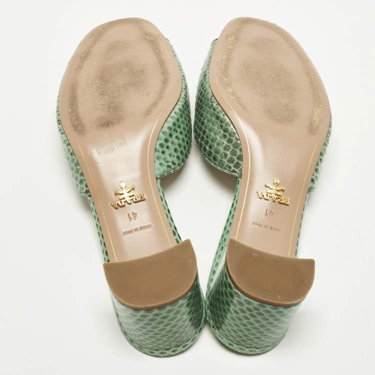 Pre Owned Prada Size 41 Green Snakeskin Leather Crystal Embellished Slide Sandals