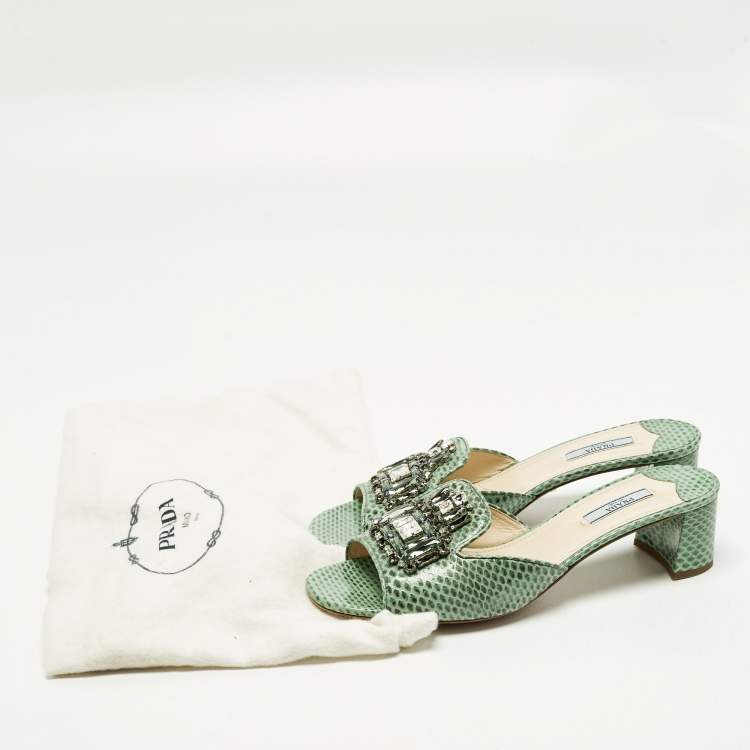 Pre Owned Prada Size 41 Green Snakeskin Leather Crystal Embellished Slide Sandals