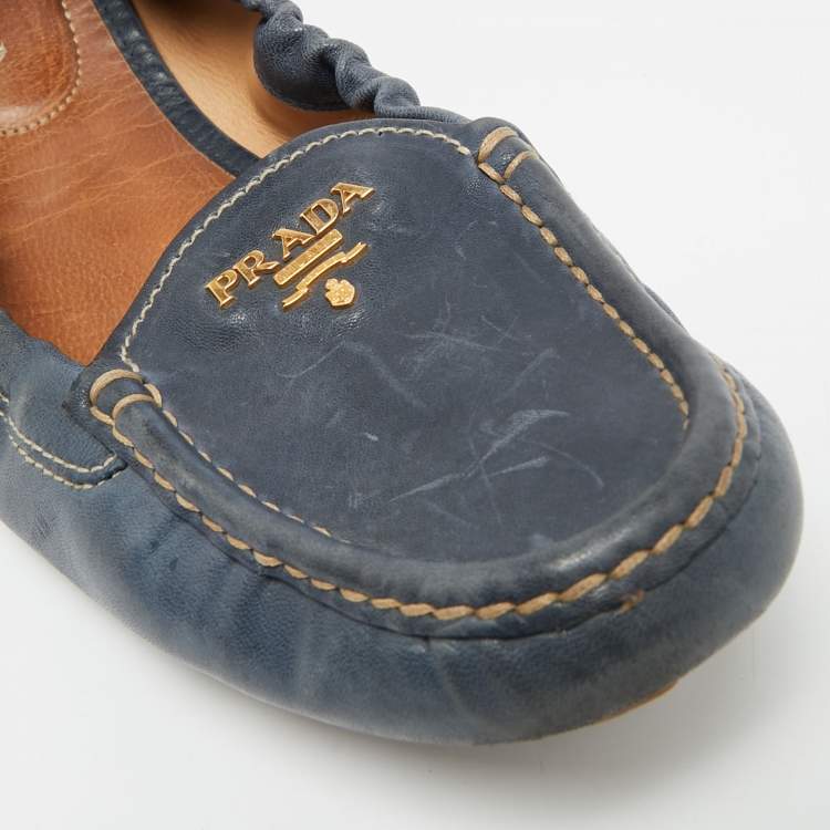 Pre Owned Prada Size 41 Blue Leather Scrunch Slip On Loafers 