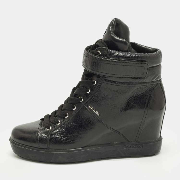 Pre Owned Prada Size 41 Black Leather Wedge Sneakers