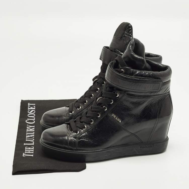 Pre Owned Prada Size 41 Black Leather Wedge Sneakers