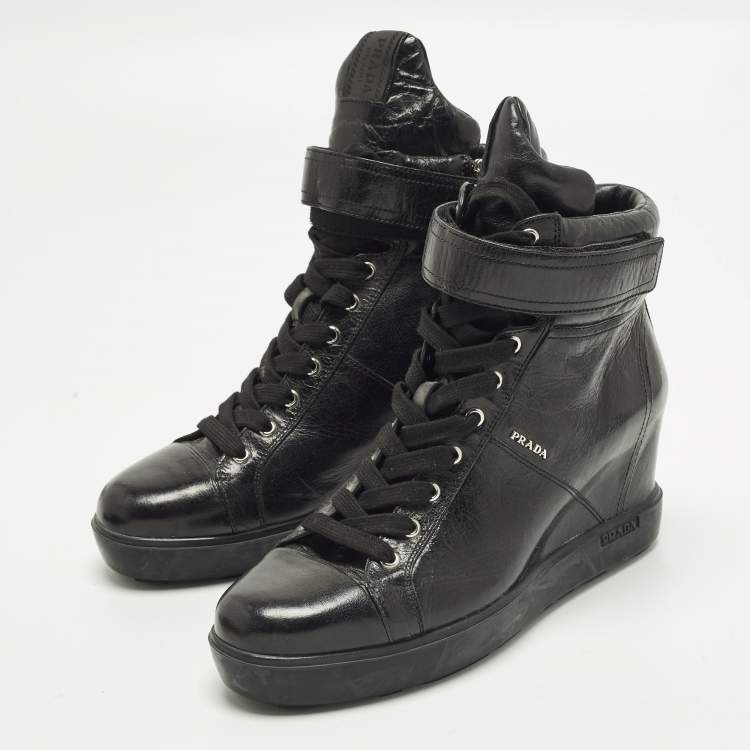 Pre Owned Prada Size 41 Black Leather Wedge Sneakers