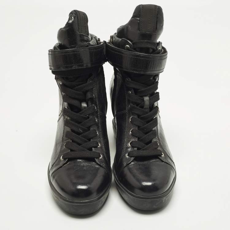 Pre Owned Prada Size 41 Black Leather Wedge Sneakers