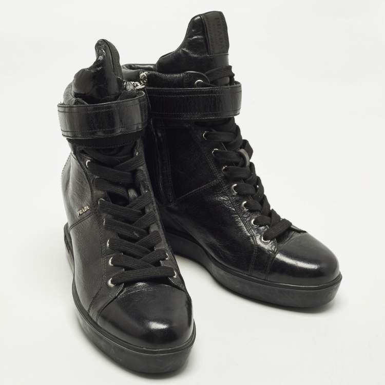 Pre Owned Prada Size 41 Black Leather Wedge Sneakers