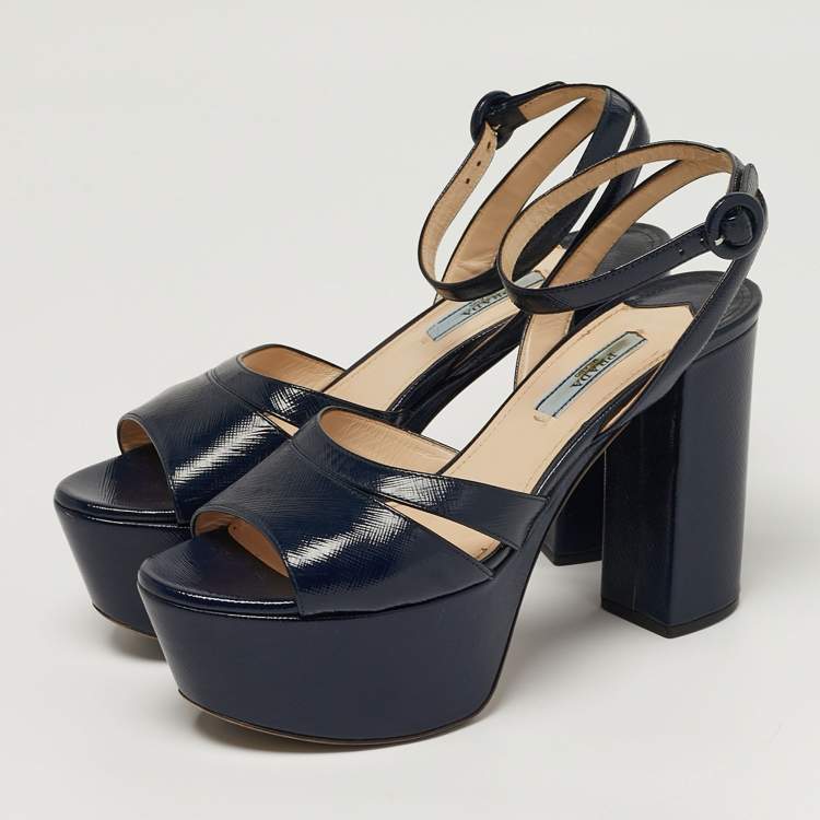 Pre Owned Prada Size 38.5 Navy Blue Patent Leather Platform Ankle Strap Sandals