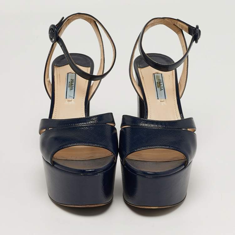 Pre Owned Prada Size 38.5 Navy Blue Patent Leather Platform Ankle Strap Sandals