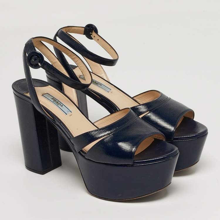 Pre Owned Prada Size 38.5 Navy Blue Patent Leather Platform Ankle Strap Sandals