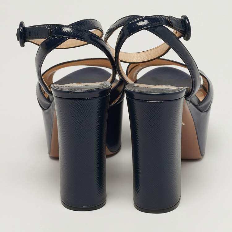 Pre Owned Prada Size 38.5 Navy Blue Patent Leather Platform Ankle Strap Sandals