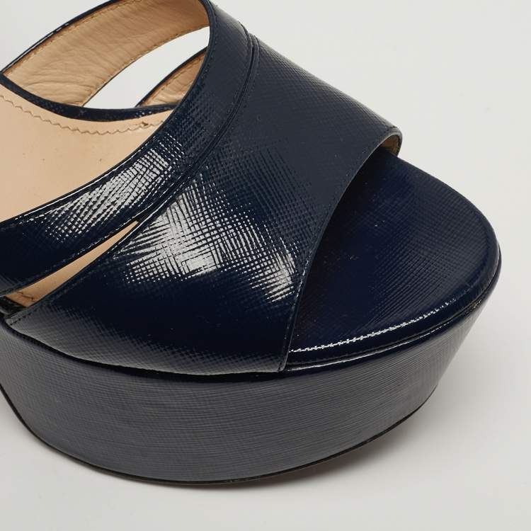 Pre Owned Prada Size 38.5 Navy Blue Patent Leather Platform Ankle Strap Sandals