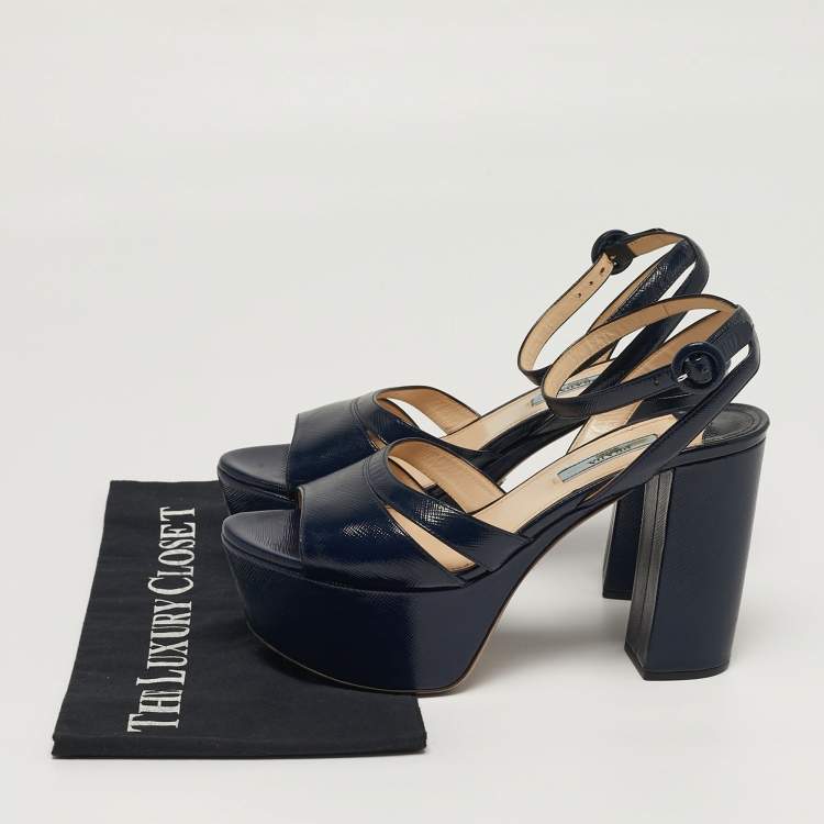 Pre Owned Prada Size 38.5 Navy Blue Patent Leather Platform Ankle Strap Sandals
