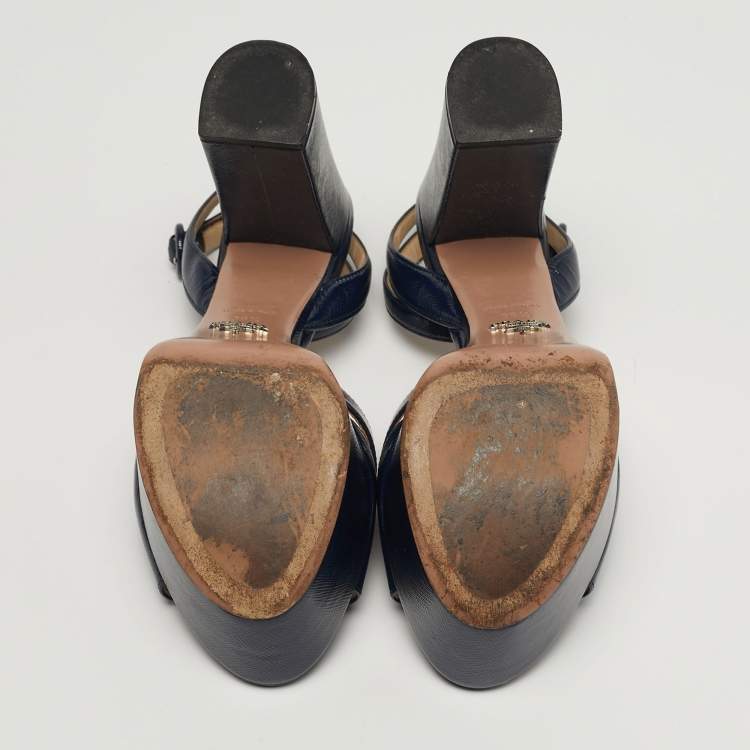 Pre Owned Prada Size 38.5 Navy Blue Patent Leather Platform Ankle Strap Sandals