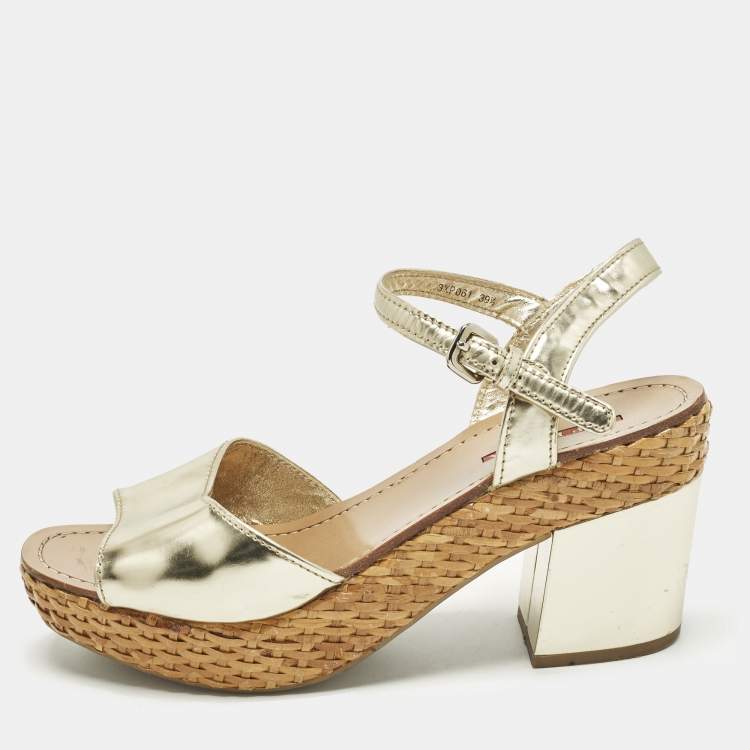 Pre Owned Prada Size 39.5 Gold Leather Platform Ankle Strap Sandals