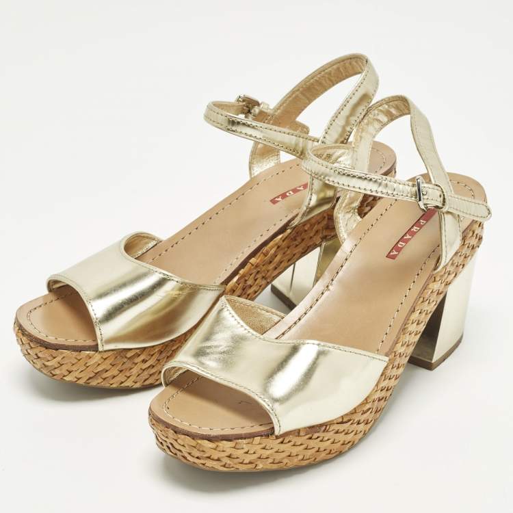 Pre Owned Prada Size 39.5 Gold Leather Platform Ankle Strap Sandals
