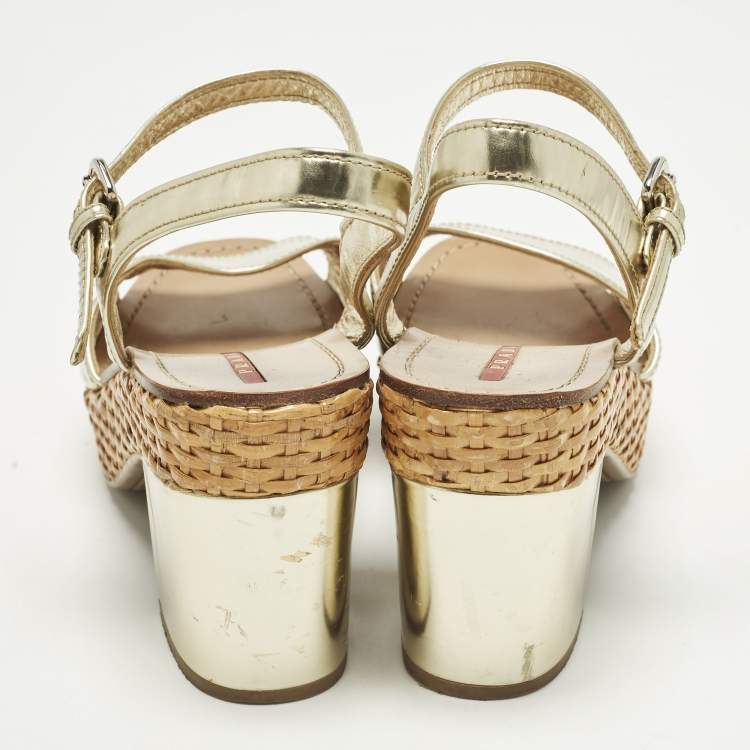 Pre Owned Prada Size 39.5 Gold Leather Platform Ankle Strap Sandals
