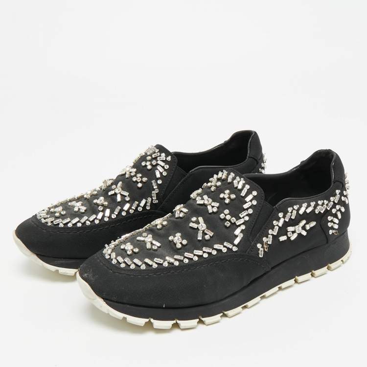 Pre Owned Prada Size 38.5 Black Canvas Crystal Embellished Slip On Sneakers