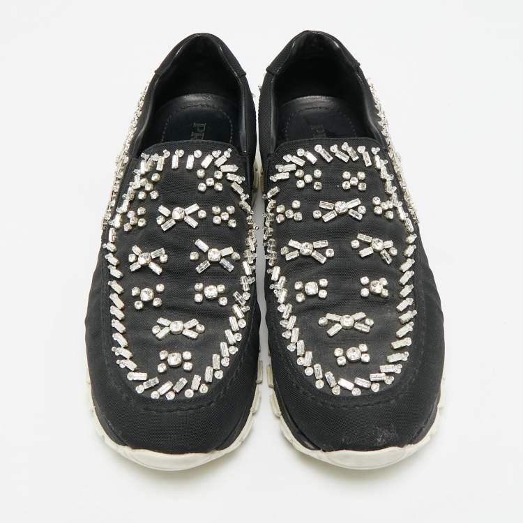 Pre Owned Prada Size 38.5 Black Canvas Crystal Embellished Slip On Sneakers