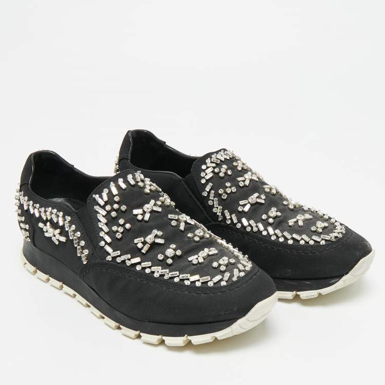 Pre Owned Prada Size 38.5 Black Canvas Crystal Embellished Slip On Sneakers