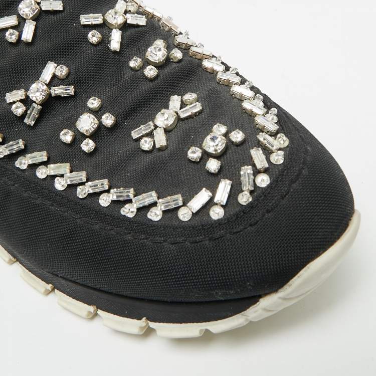 Pre Owned Prada Size 38.5 Black Canvas Crystal Embellished Slip On Sneakers