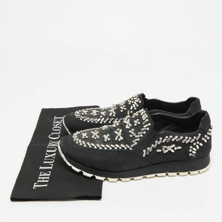 Pre Owned Prada Size 38.5 Black Canvas Crystal Embellished Slip On Sneakers