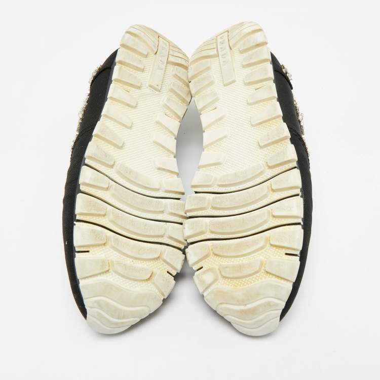 Pre Owned Prada Size 38.5 Black Canvas Crystal Embellished Slip On Sneakers