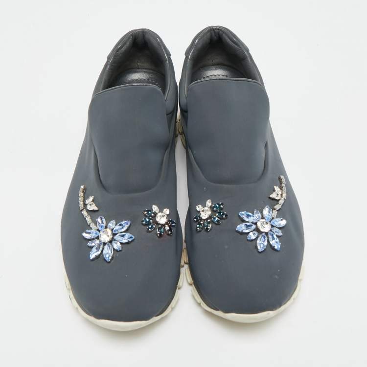 Pre Owned Prada Catch Me If You Can Size 39 Grey Neoprene Crystal Embellished Slip On Sneakers