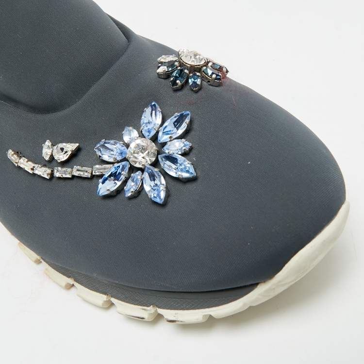 Pre Owned Prada Catch Me If You Can Size 39 Grey Neoprene Crystal Embellished Slip On Sneakers