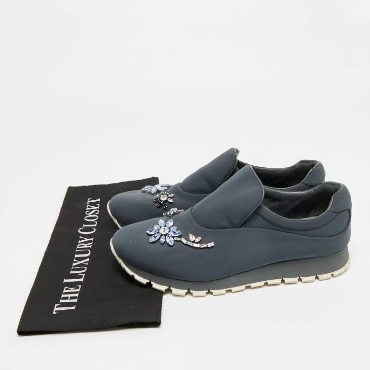 Pre Owned Prada Catch Me If You Can Size 39 Grey Neoprene Crystal Embellished Slip On Sneakers