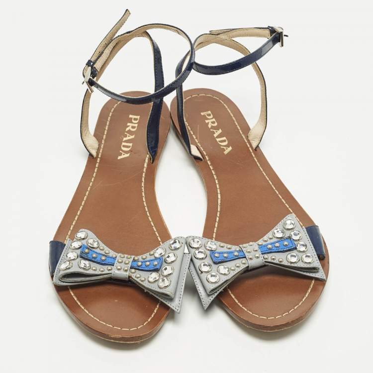 Pre Owned Prada Size 38 Blue Leather and Patent Leather Bow Ankle Strap Flats