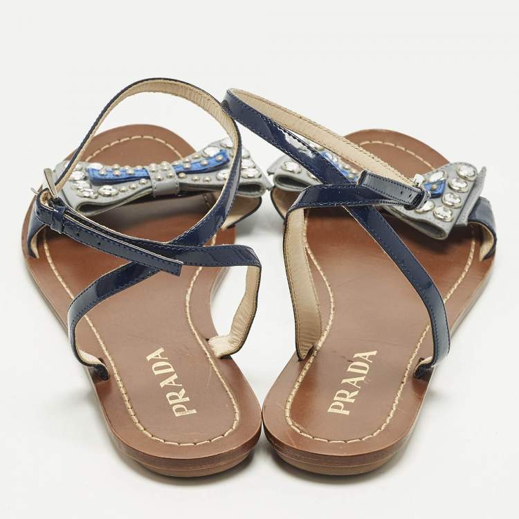 Pre Owned Prada Size 38 Blue Leather and Patent Leather Bow Ankle Strap Flats