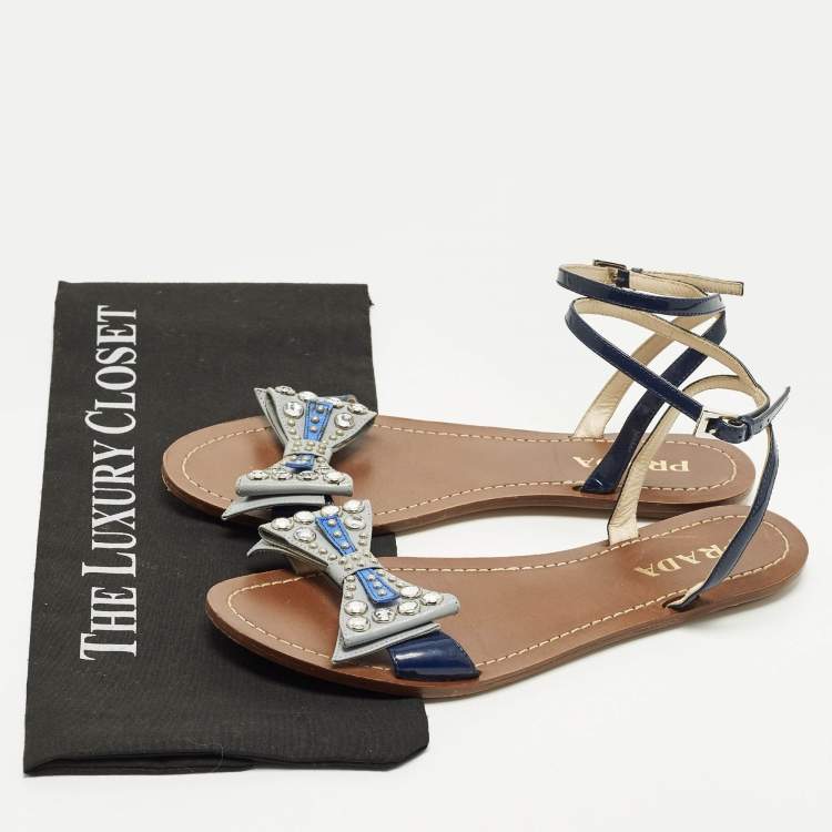 Pre Owned Prada Size 38 Blue Leather and Patent Leather Bow Ankle Strap Flats