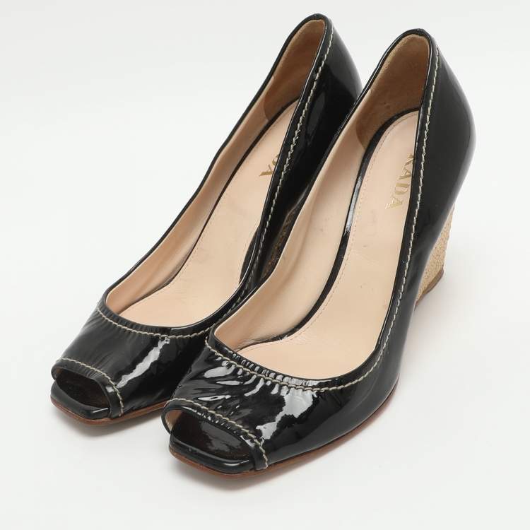 Pre Owned Prada Size 37 Black Patent Leather Wedge Espadrilles Peep Toe Pumps