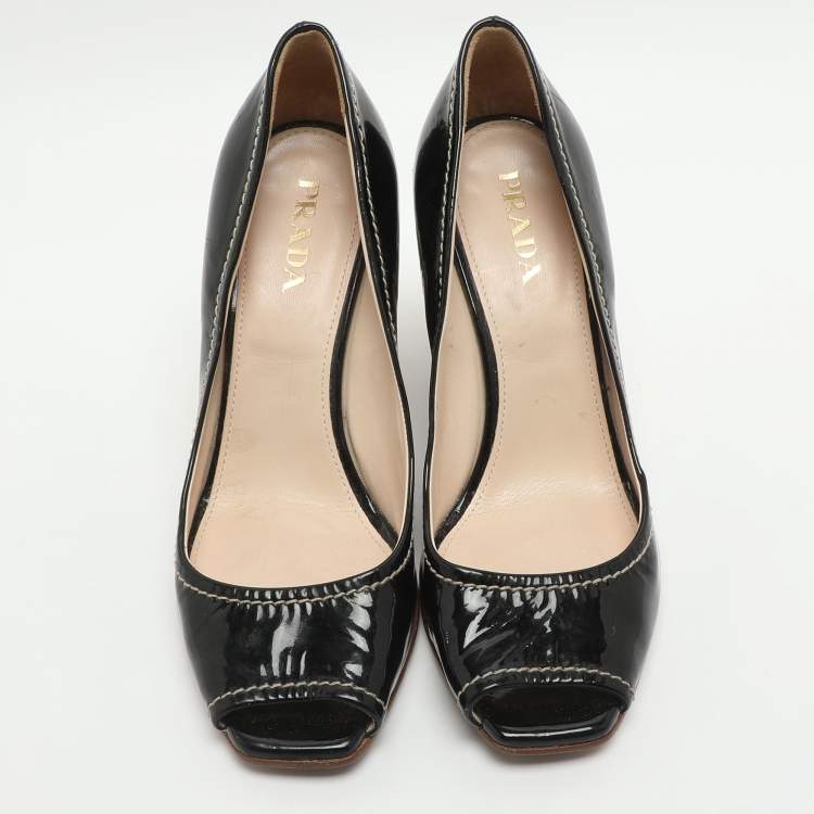Pre Owned Prada Size 37 Black Patent Leather Wedge Espadrilles Peep Toe Pumps