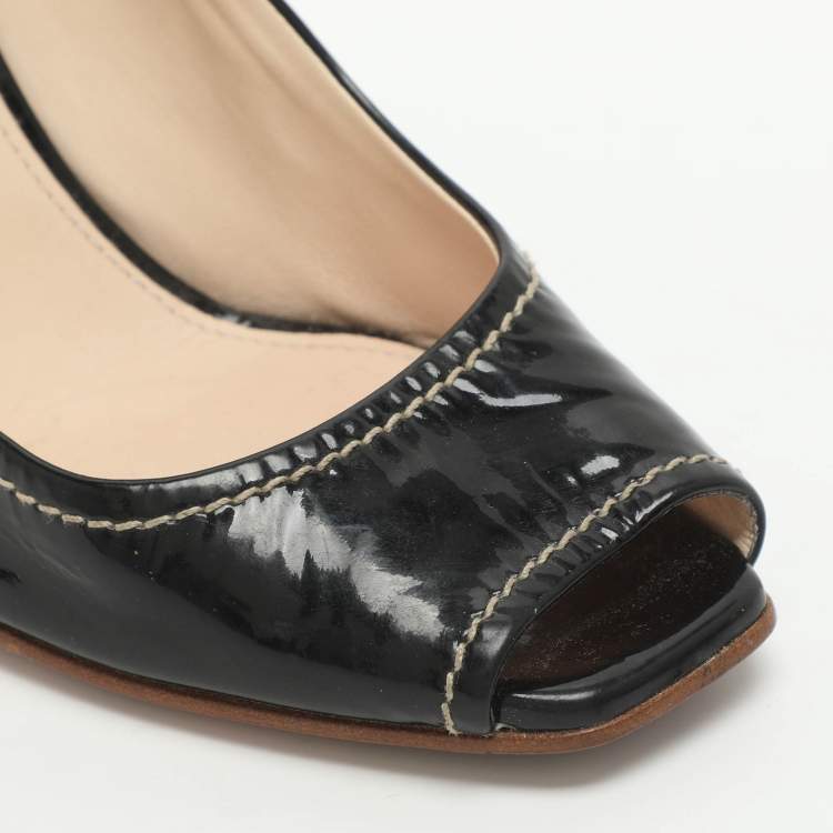 Pre Owned Prada Size 37 Black Patent Leather Wedge Espadrilles Peep Toe Pumps