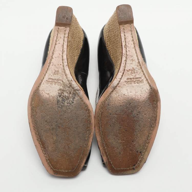 Pre Owned Prada Size 37 Black Patent Leather Wedge Espadrilles Peep Toe Pumps