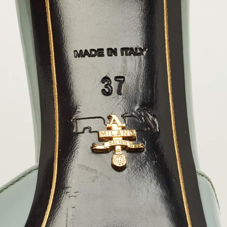 Pre Owned Prada Size 37 Blue Patent Leather Suede Bow Slide Sandals 