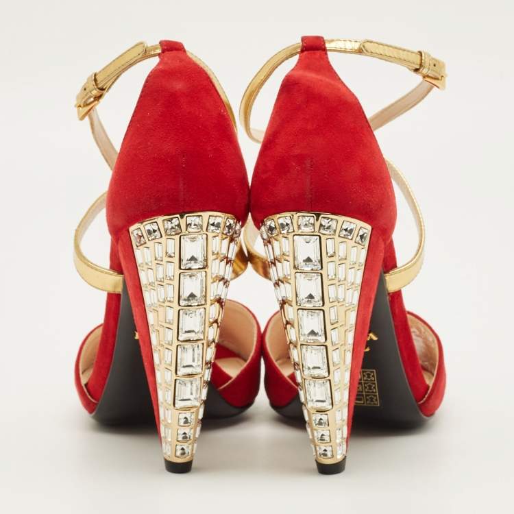 Pre Owned Prada Vinho Size 38 Red/Gold Leather and Suede Ankle Strap Sandals
