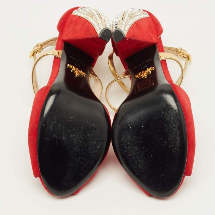 Pre Owned Prada Vinho Size 38 Red/Gold Leather and Suede Ankle Strap Sandals