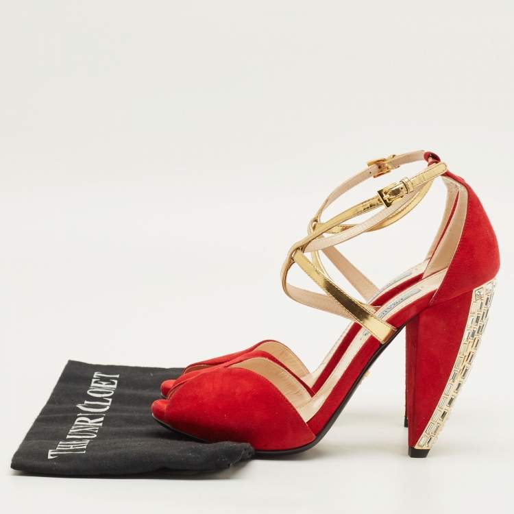 Pre Owned Prada Vinho Size 38 Red/Gold Leather and Suede Ankle Strap Sandals