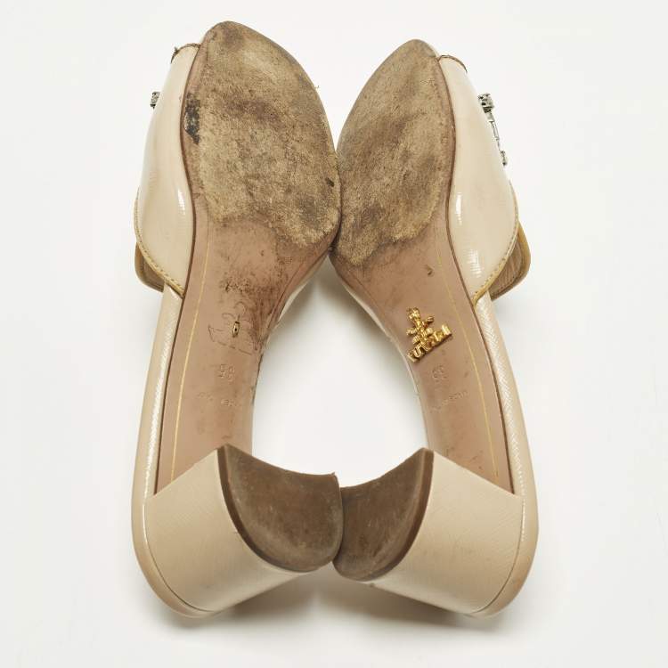 Pre Owned Prada Saffiano Size 35 Beige Patent Leather Crystal Embellished Block Heel Slide Sandals