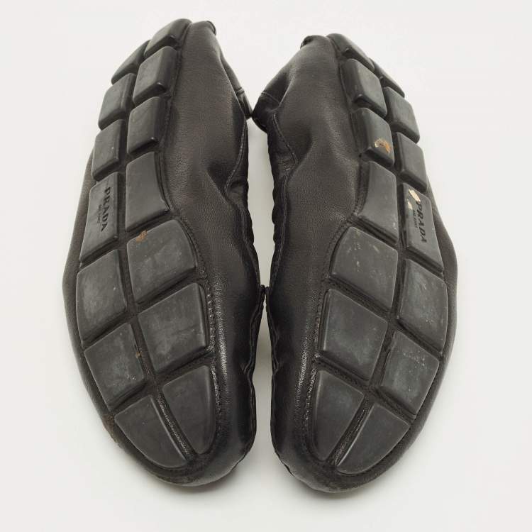 Pre Owned Prada Size 41 Black Leather Logo Embellished Loafers