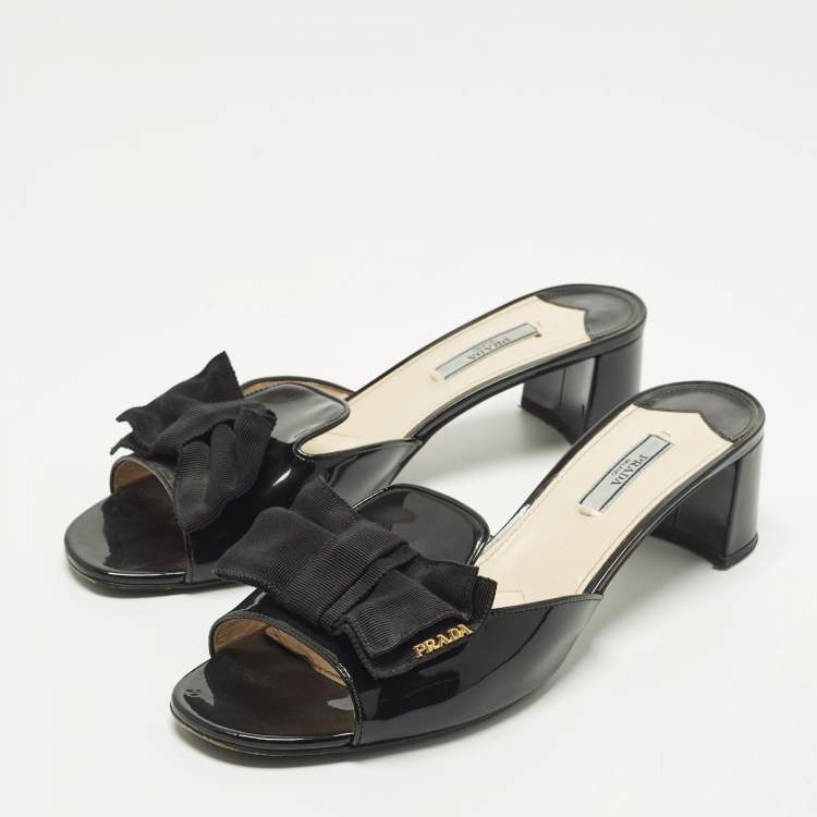 Pre Owned Prada Bow Size 41.5 Black Patent Leather Slide Sandals