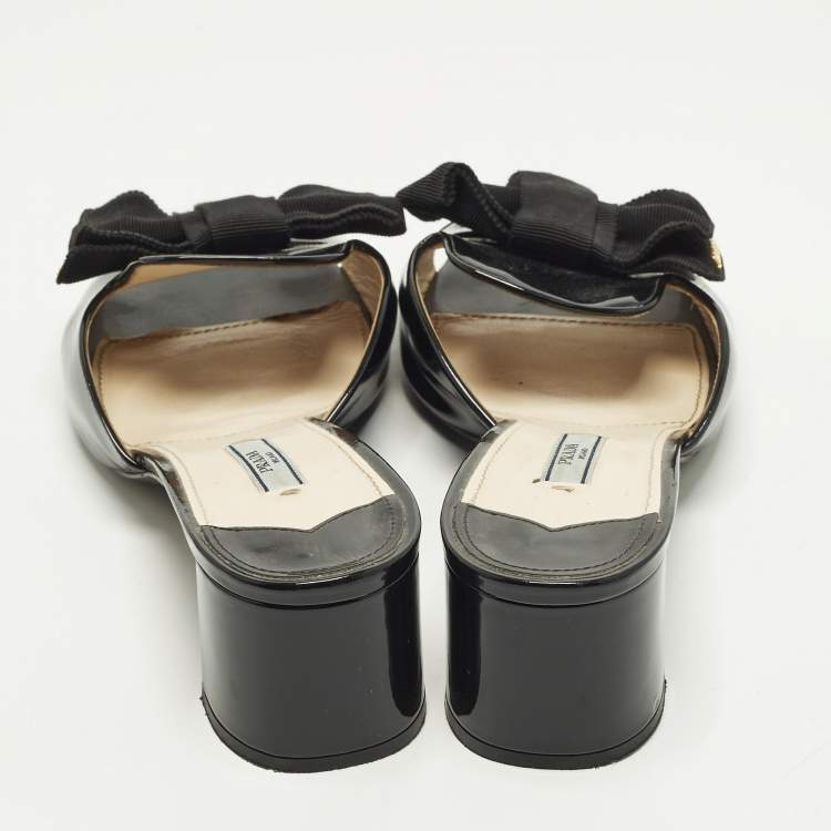 Pre Owned Prada Bow Size 41.5 Black Patent Leather Slide Sandals