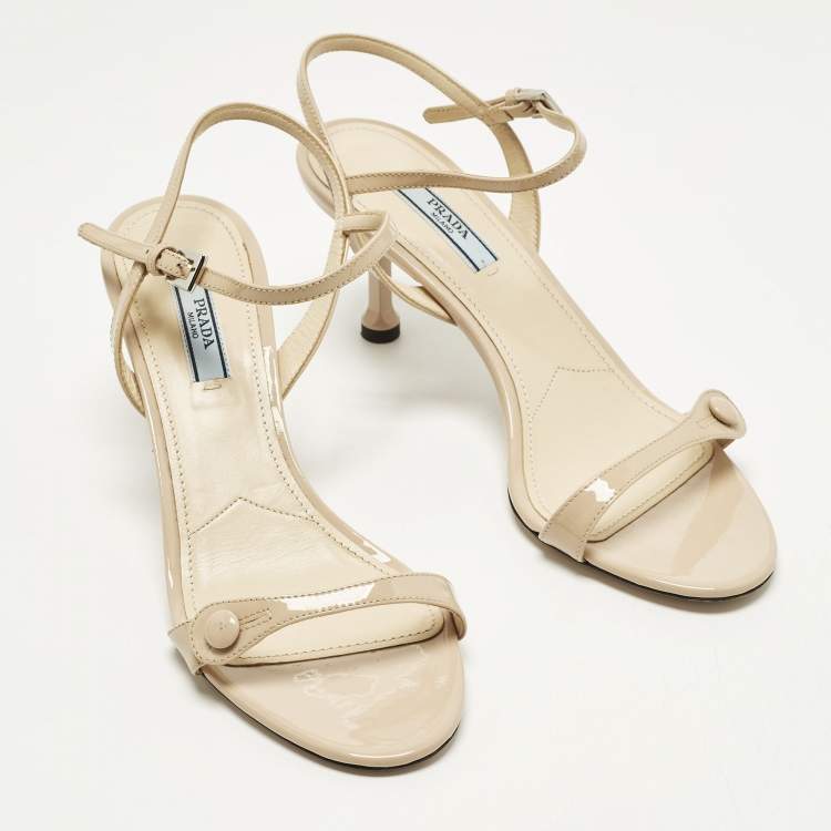 Pre Owned Prada Size 37 Beige Patent Leather Ankle Strap Sandals