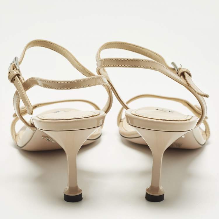 Pre Owned Prada Size 37 Beige Patent Leather Ankle Strap Sandals