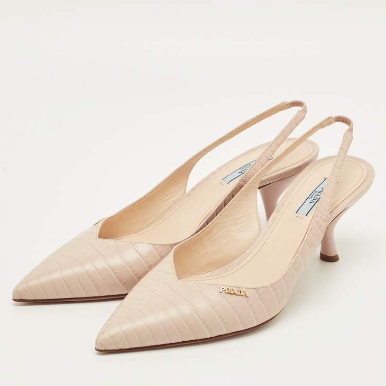 Pre Owned Prada Size 41 Cream Croc Embossed Leather Pointed Toe Slingback Pumps