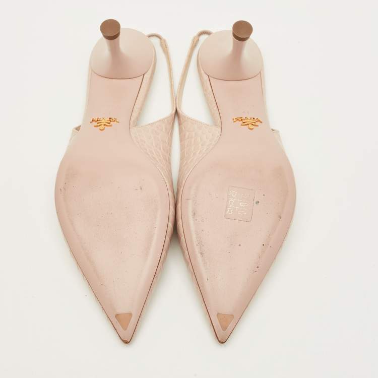 Pre Owned Prada Size 41 Cream Croc Embossed Leather Pointed Toe Slingback Pumps