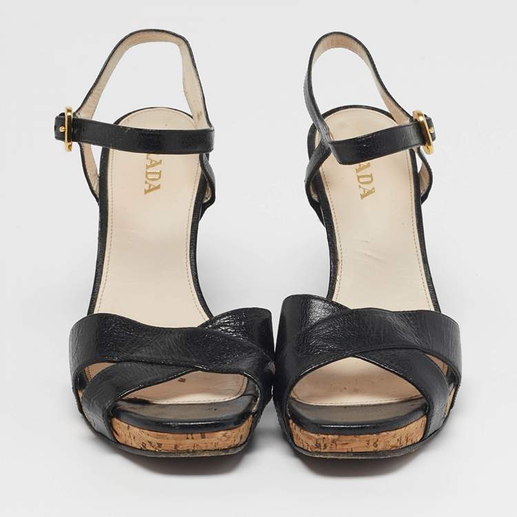 Pre Owned Prada Size 39.5 Black Leather Crisscross Wedge Sandals