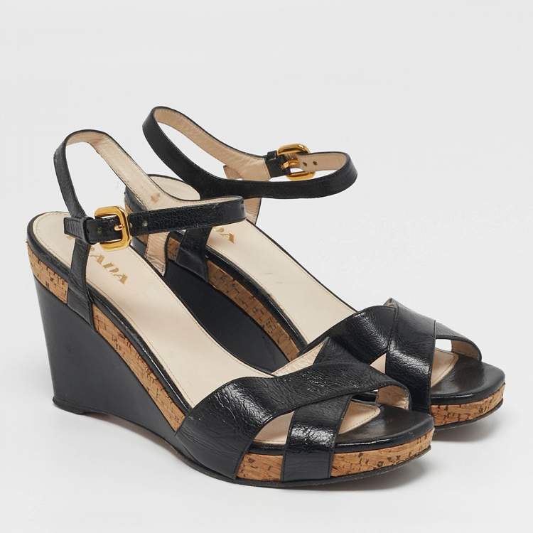 Pre Owned Prada Size 39.5 Black Leather Crisscross Wedge Sandals