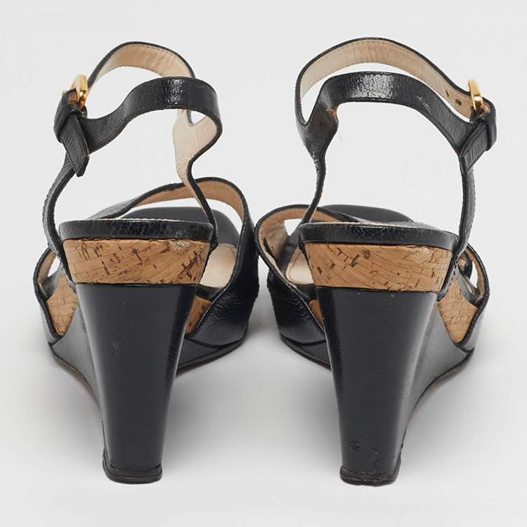 Pre Owned Prada Size 39.5 Black Leather Crisscross Wedge Sandals