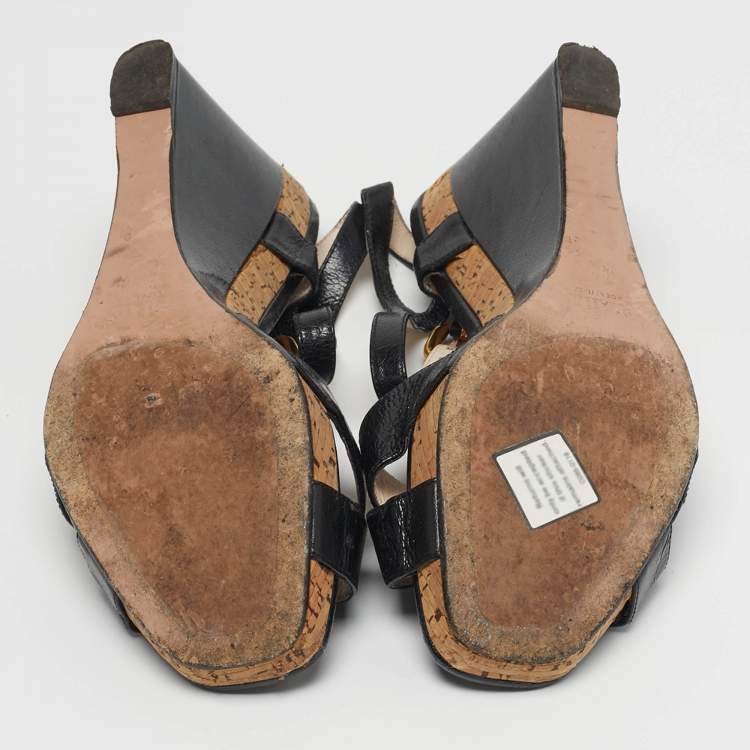 Pre Owned Prada Size 39.5 Black Leather Crisscross Wedge Sandals